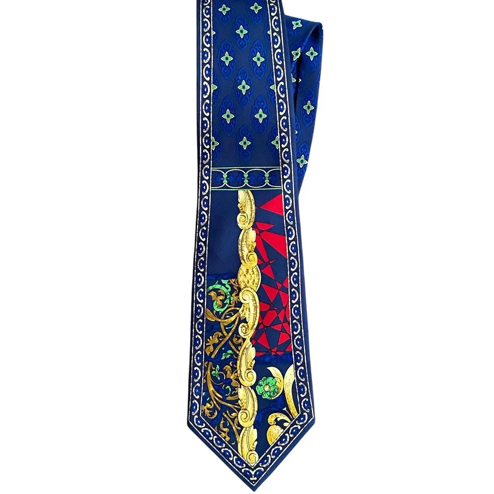 DeSantis Collection Mens Silk Tie Navy Blue Gold Baroque Geometric Made in Italy